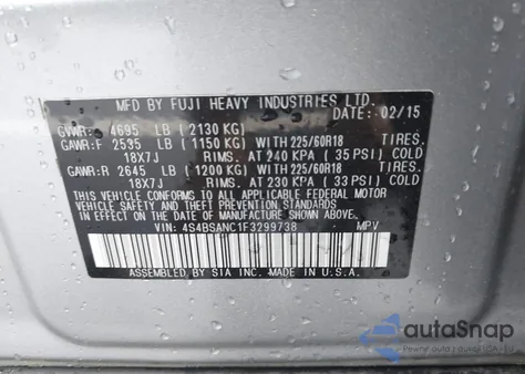 2015 Subaru Outback 2.5I Limited z USA, uszkodzony, nr VIN 4S4BSANC1F3299738